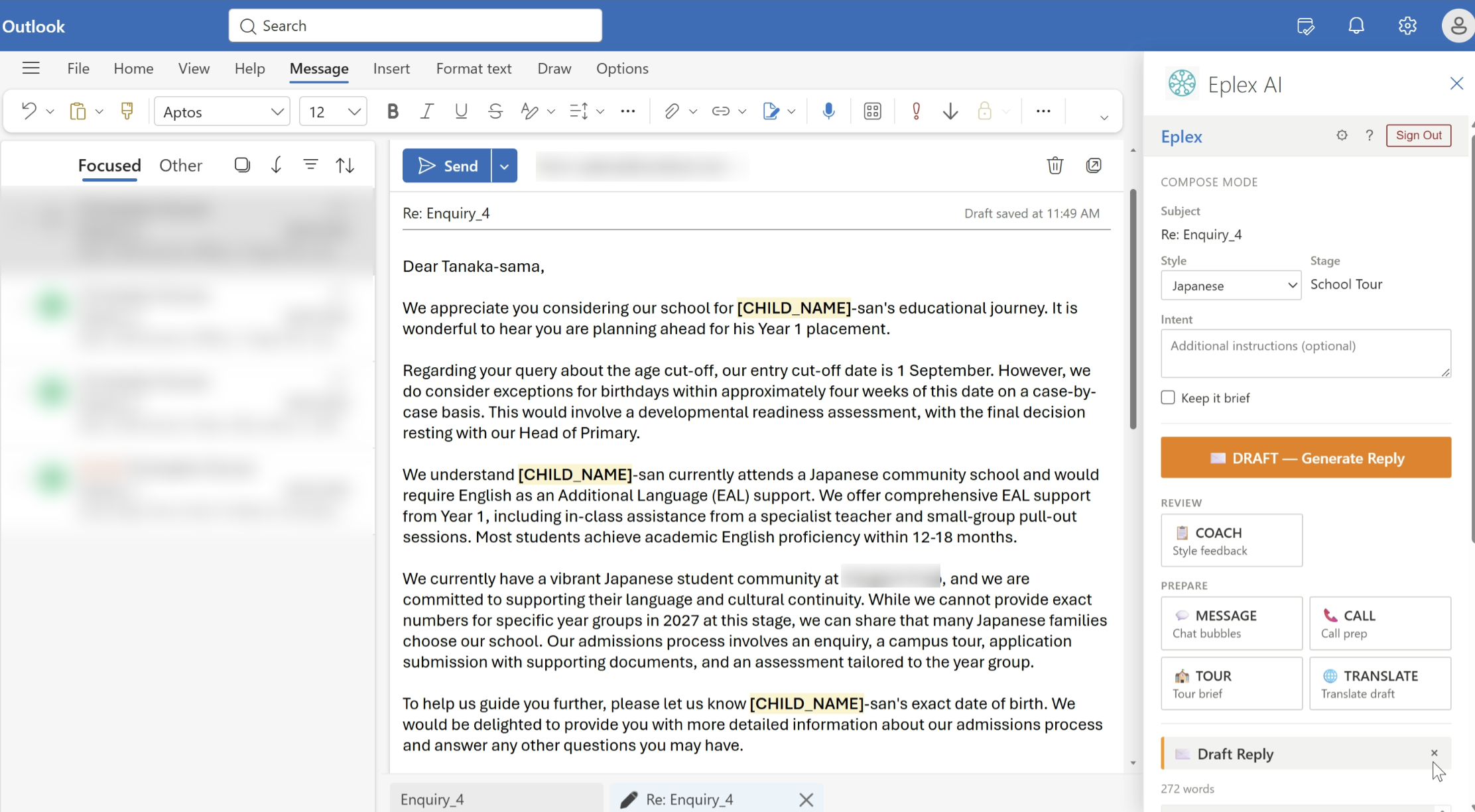 Eplex inside Outlook, drafting a reply for a Japanese family at the School Tour stage.